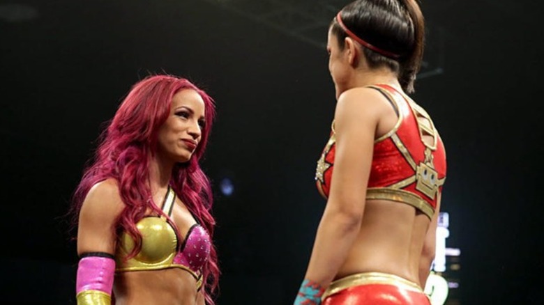 Bayley and Sasha Banks about to do battle in the first ever WWE Iron Woman Match