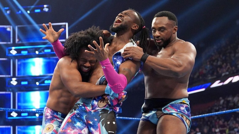 The New Day celebrate the gauntlet match win.