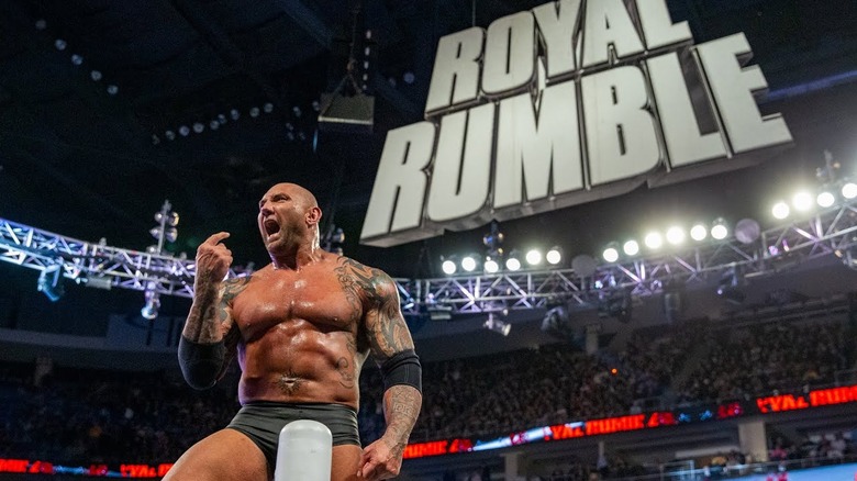 Batista celebrating his Rumble win