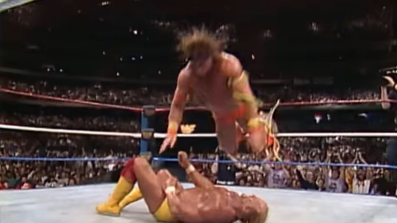 The Ultimate Warrior splashing Hulk Hogan