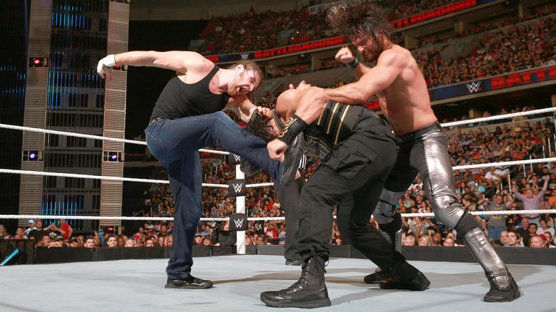Dean Ambrose Roman Reigns and Seth Rollins Brawl