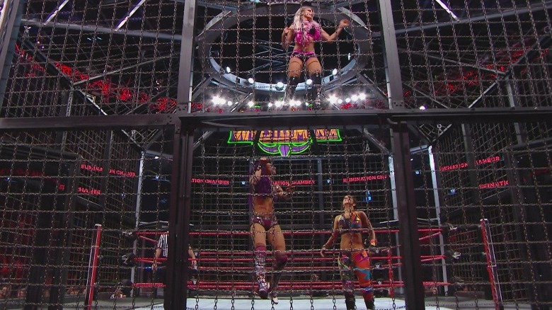 Bayley, Sasha Banks, and Alexa Bliss inside the Elimination Chamber