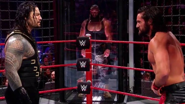 Roman Reigns, Seth Rollins, and Braun Strowman in the Elimination Chamber