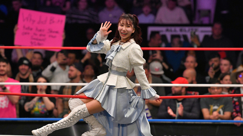 Riho posing on the ring ropes