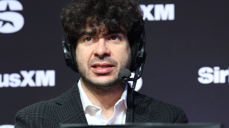 Tony Khan speaks on SiriusXM at Super Bowl LVIII on February 08, 2024 in Las Vegas, Nevada.