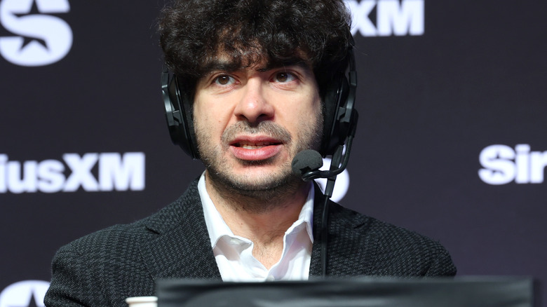 Tony Khan speaks on SiriusXM at Super Bowl LVIII on February 08, 2024 in Las Vegas, Nevada.