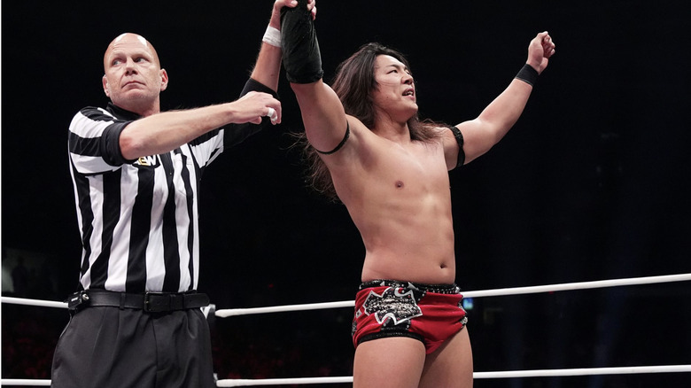 Takeshita in the ring celebrating a win