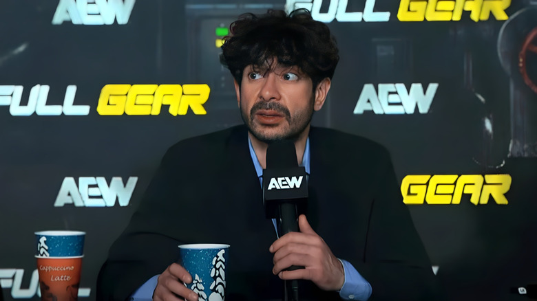 Tony Khan during the AEW Full Gear post-show media scrum