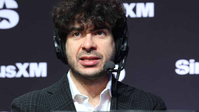 Tony Khan speaks on SiriusXM at Super Bowl LVIII on February 08, 2024 in Las Vegas, Nevada.