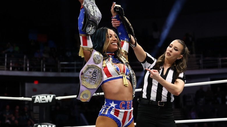 Mercedes Mone celebrating after defeating Yuka Sakazaki during an 