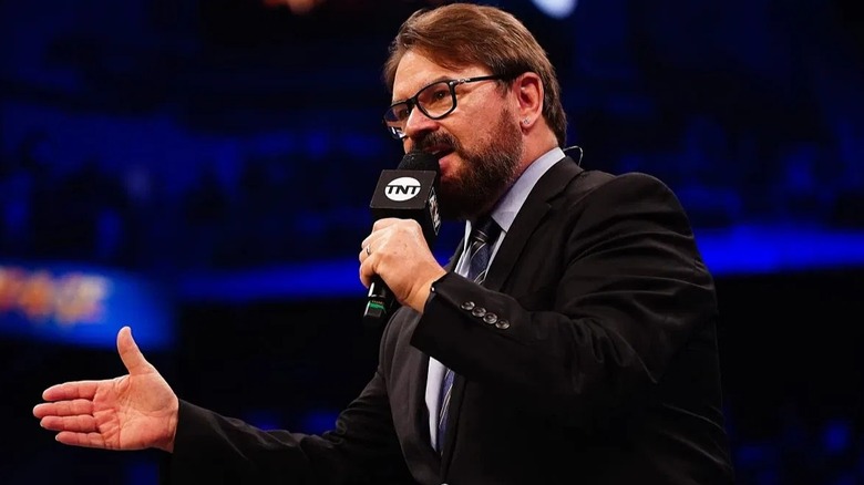 Tony Schiavone talks to the crowd before hosting an in-ring interview with a fellow AEW star