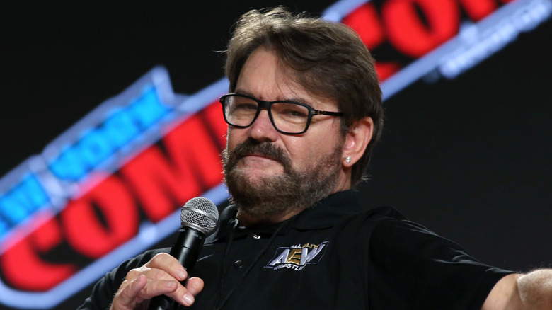 Tony Schiavone speaks onstage during the All Elite Wrestling Invades New York Comic Con panel during Day 3 of New York Comic Con 2021 at Jacob Javits Center on October 09, 2021 in New York City.