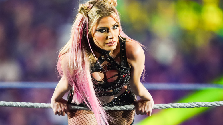 Alexa Bliss is introduced prior to the Raw Women's championship during the WWE Royal Rumble event at the Alamodome on January 28, 2023 in San Antonio, Texas.