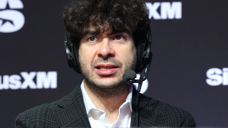 Tony Khan speaks on SiriusXM at Super Bowl LVIII on February 08, 2024 in Las Vegas, Nevada.