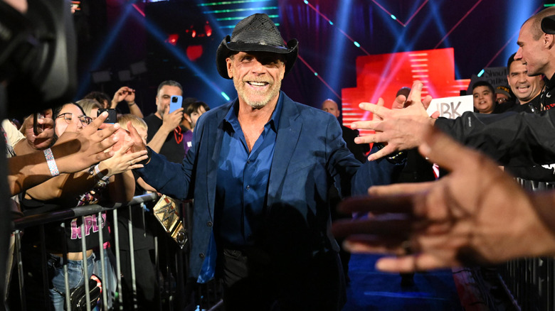 Shawn Michaels slaps fans' hands as he makes his way to the ring