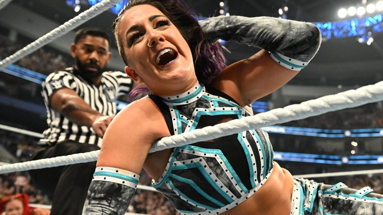 Bayley leaning against the ropes on "WWE SmackDown"