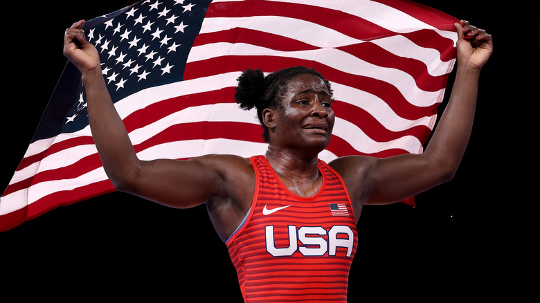 Tamyra Mensah-Stock with American flag