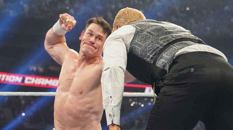 John Cena in action against Cody Rhodes during WWE Elimination Chamber at Rogers Centre on March 1, 2025 in Toronto, Canada.