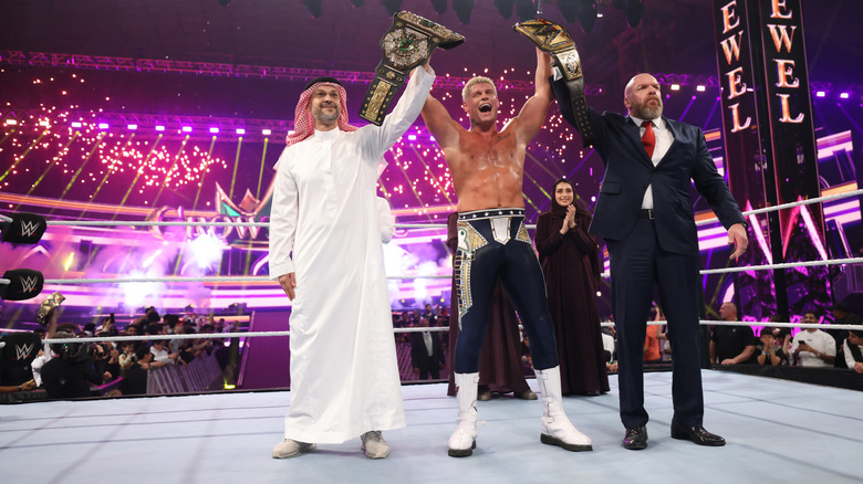 Cody Rhodes celebrates winning the WWE Crown Jewel title