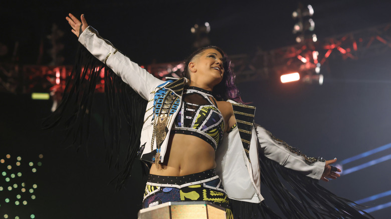 Bayley makes her entrance to the ring during WWE SmackDown at Barclays Center on November 1, 2024 in New York City.