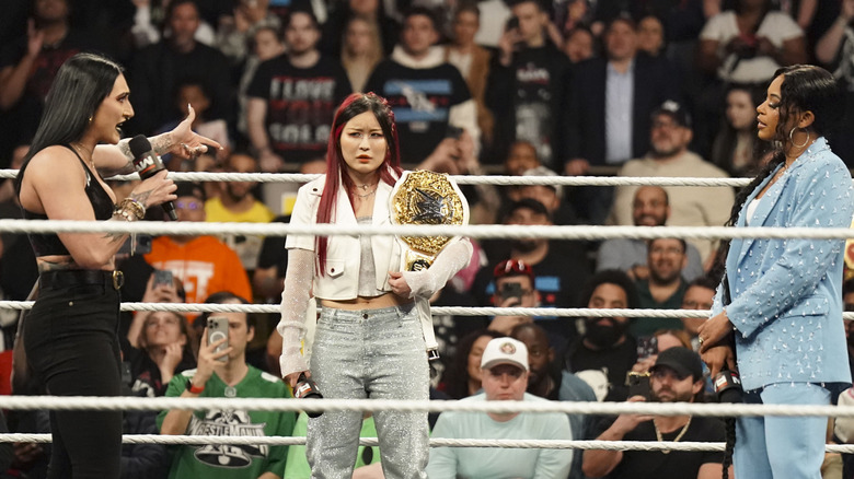 Rhea Ripley, IYO SKY, Bianca Belair, in ring confrontation During Monday night RAW at Madison Square Garden on March 10, 2025 in New York City.