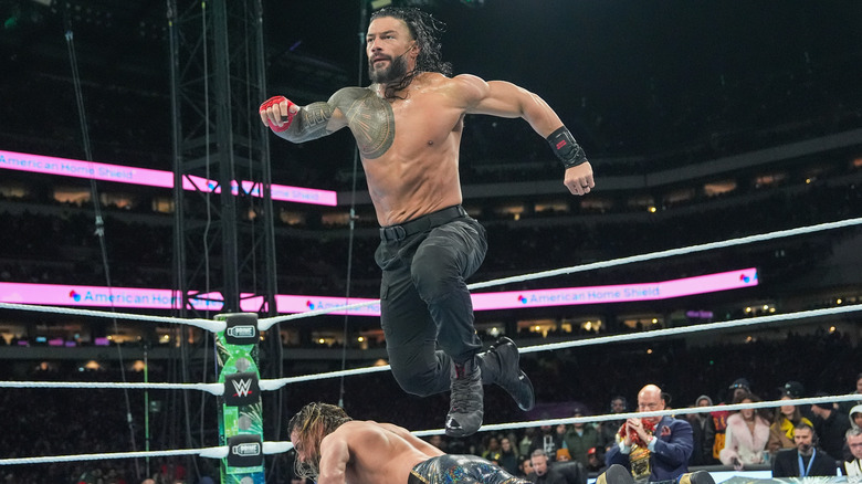 Roman Reigns in action against Seth Rollins during Night One of WrestleMania 40 at Lincoln Financial Field on April 6, 2024 in Philadelphia, Pennsylvania.