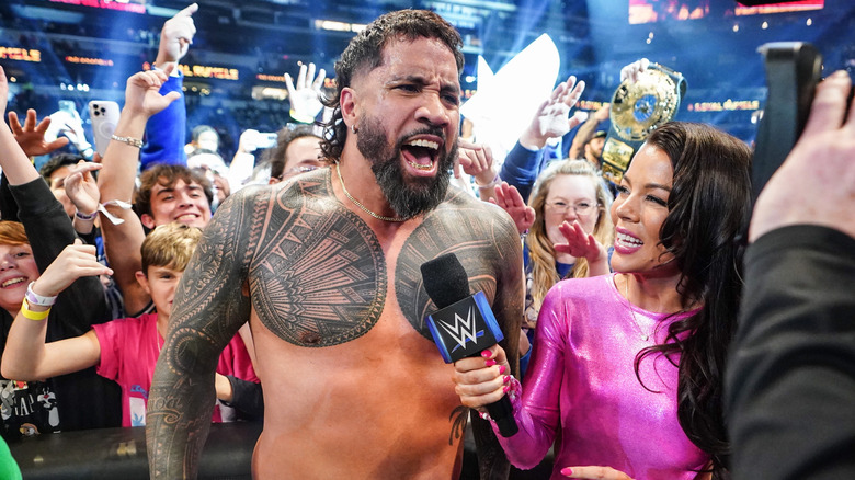 Jey Uso immediately following his 2025 WWE Men's Royal Rumble victory