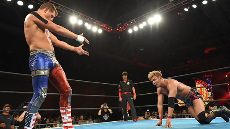 Cody Rhodes faces off with Kazuchika Okada in 2017 for the IGWP Heavyweight Title.