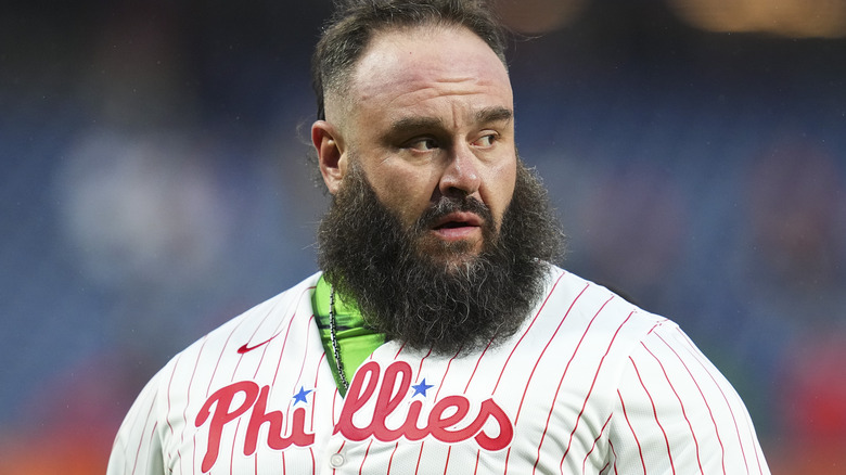 Braun Strowman wearing a Philadelphia Phillies jersey