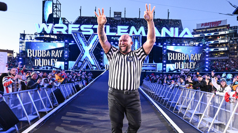 Bully Ray Dudley enters the ring as special referee for the Six-Man Philadelphia Street Fight during Night Two of WrestleMania 40 at Lincoln Financial Field on April 7, 2024 in Philadelphia, Pennsylvania.