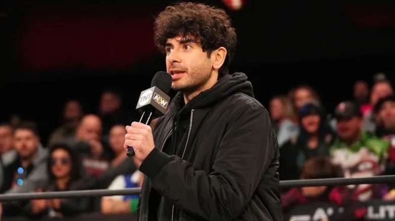 AEW President Tony Khan addresses the audience before a show