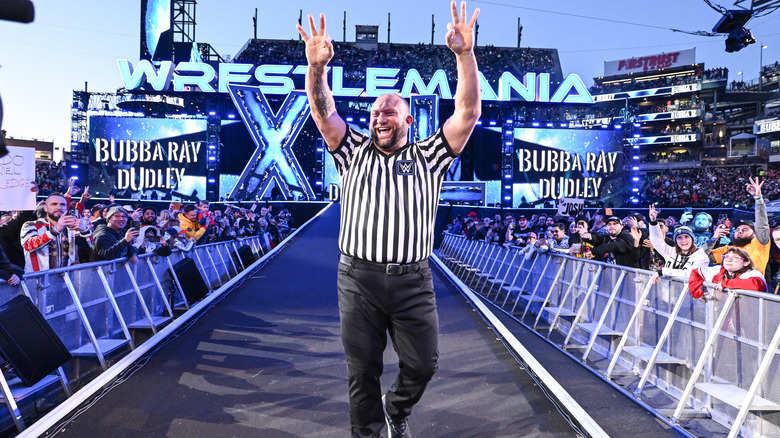 Bully Ray Dudley enters the ring as special referee for the Six-Man Philadelphia Street Fight during Night Two of WrestleMania 40 at Lincoln Financial Field on April 7, 2024 in Philadelphia, Pennsylvania.