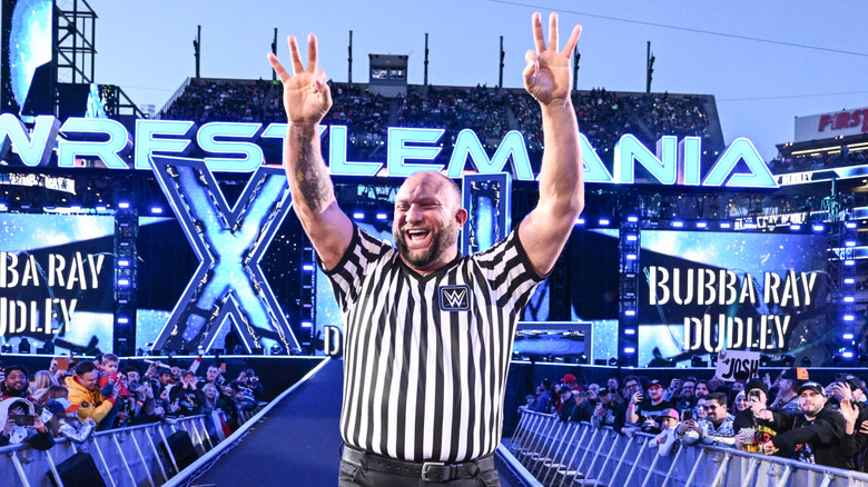 Bully Ray Dudley enters the ring as special referee for the Six-Man Philadelphia Street Fight during Night Two of WrestleMania 40 at Lincoln Financial Field on April 7, 2024 in Philadelphia, Pennsylvania