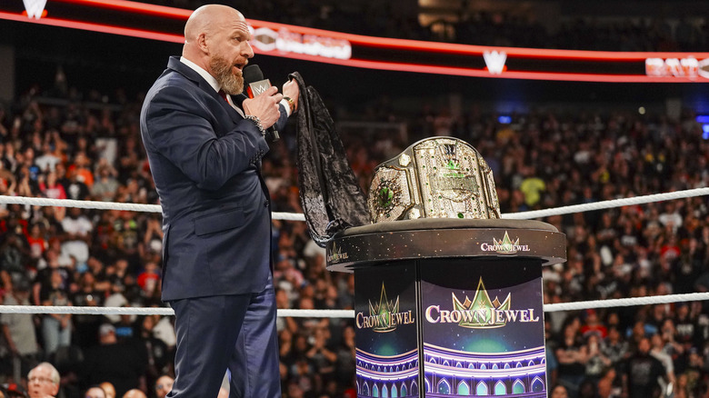 Triple H unveiling the Crown Jewel Championship