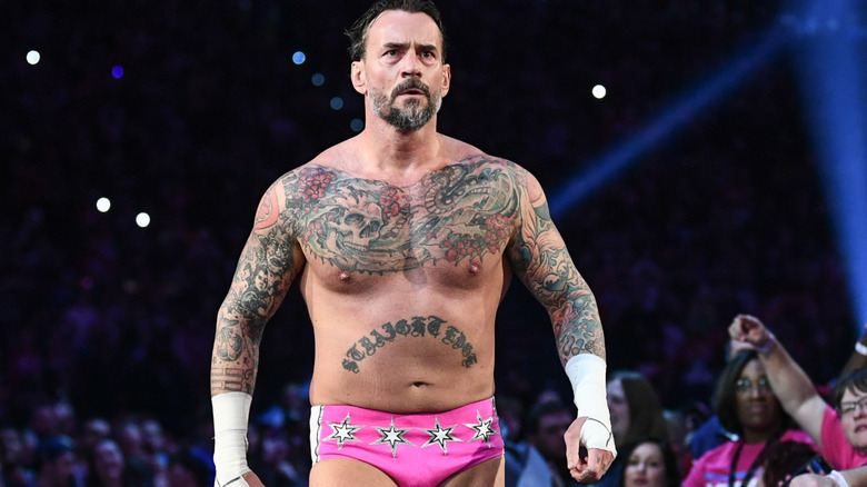 CM Punk makes his entrance during Royal Rumble at Lucas Oil Stadium on February 1, 2025 in Indianapolis, Indiana.