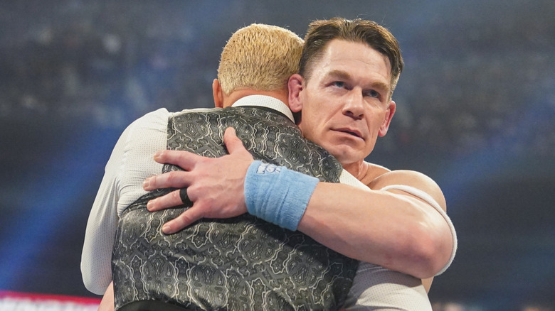 John Cena hugs Cody Rhodes during WWE Elimination Chamber at Rogers Centre on March 1, 2025 in Toronto, Canada