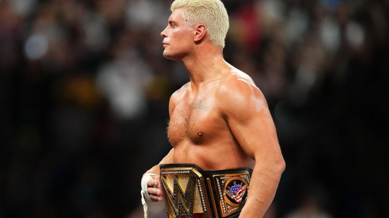 Undisputed WWE Champion Cody Rhodes stares into the crowd following a victory over Solo Sikoa at SummerSlam.