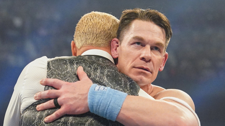 John Cena hugs Cody Rhodes during WWE Elimination Chamber at Rogers Centre on March 1, 2025 in Toronto, Canada.