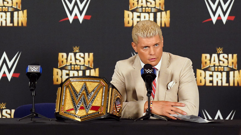 Cody Rhodes addresses the media after Bash in Berlin.