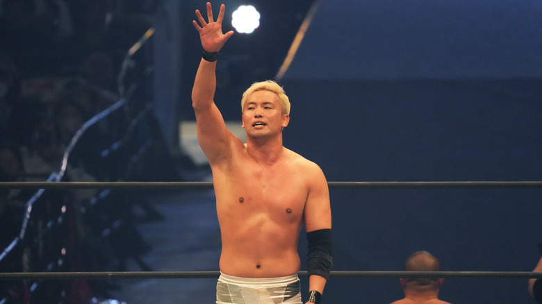 Kazuchika Okada reacts after his last match of NJPW during the New Japan Pro-Wrestling at Hokkaido Prefectural Sports Center on February 24, 2024 in Sapporo, Hokkaido, Japan. 