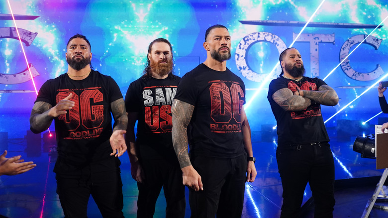 Jey Uso, Sami Zayn, Roman Reigns, and Jimmy Uso entrance during WWE SmackDown at Delta Center on November 22, 2024 in Salt Lake City, Utah.