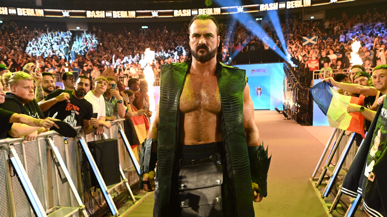 Drew McIntyre makes his entrance for his strap match against CM Punk (not pictured) during the WWE Bash in Berlin Premium Live Event at Uber Arena on August 31, 2024 in Berlin, Germany.