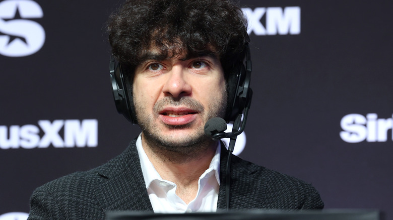 Tony Khan speaks on SiriusXM at Super Bowl LVIII on February 08, 2024 in Las Vegas, Nevada.