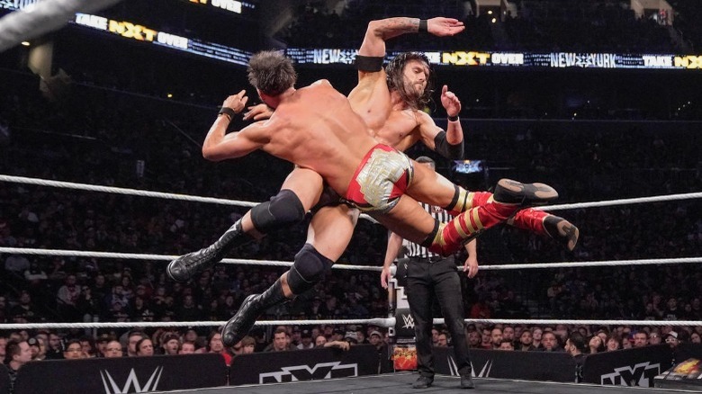 Adam Cole and Johnny Gargano in mid-air