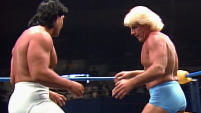 Ricky Steamboat and Ric Flair preparing to lock up