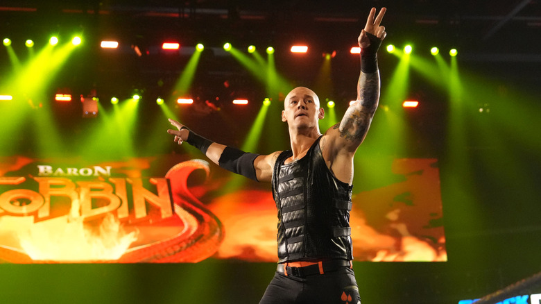 Baron Corbin makes his entrance to the ring during WWE Friday Night SmackDown at Uber Arena on August 30, 2024 in Berlin, Germany.