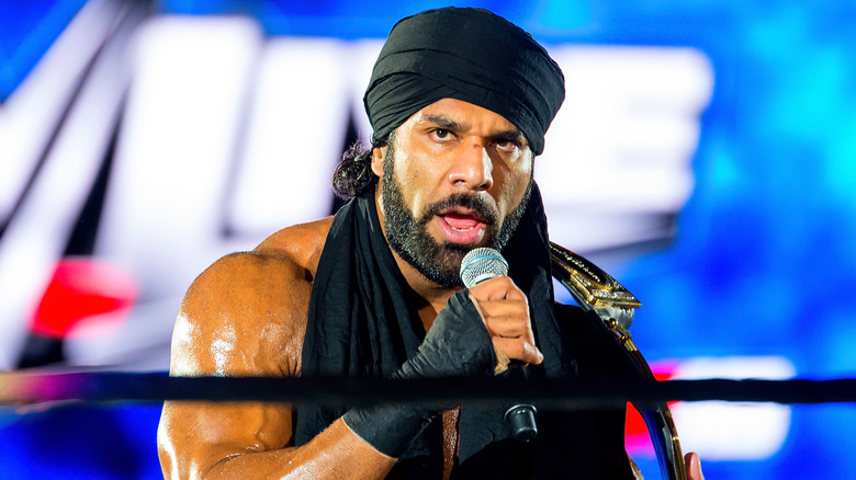 Jinder Mahal with a mic