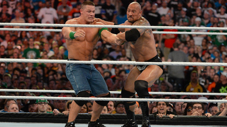 John Cena and The Rock wrestling at WrestleMania 28