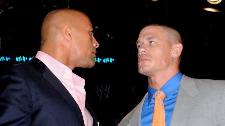 Dwayne "The Rock" Johnson and John Cena having a staredown