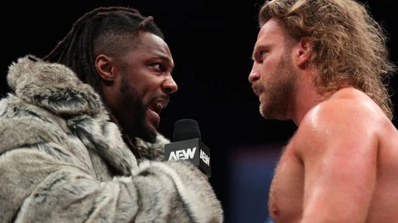 Swerve Strickland cuts a promo on "Hangman" Adam Page in the middle of the ring during an episode of "AEW Dynamite."